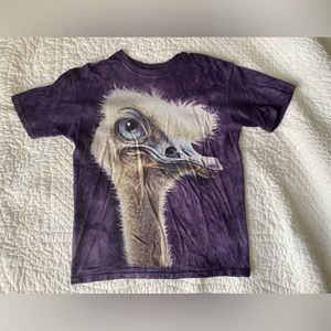 Purple tie dye t shirt with ostrich graphic